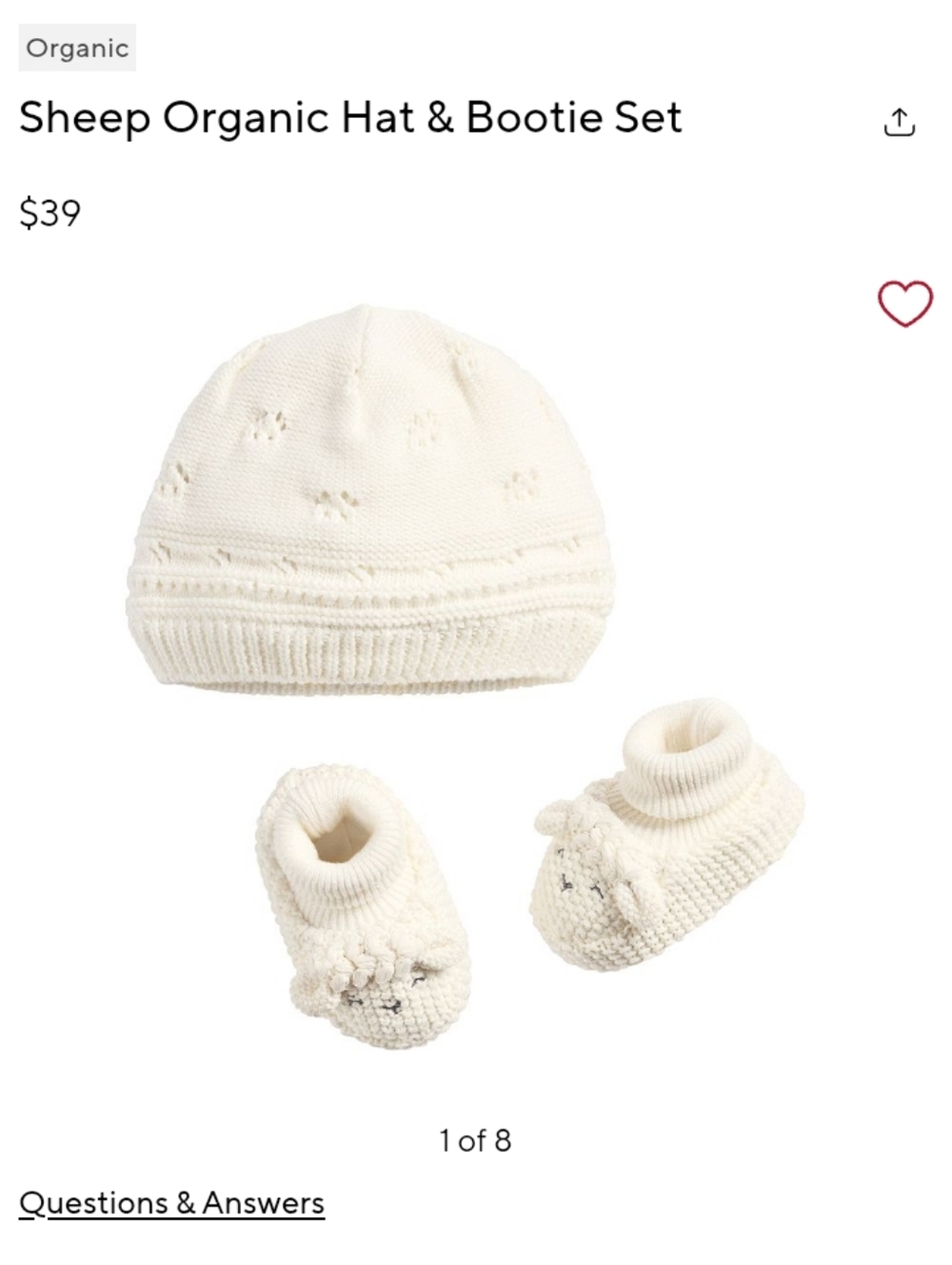 NWT: POTTERY BARN KIDS; SHEEP ORGANIC HAT & BOOTIE SET, IVORY/CREAM, 3-6mo. - Picture 2 of 7